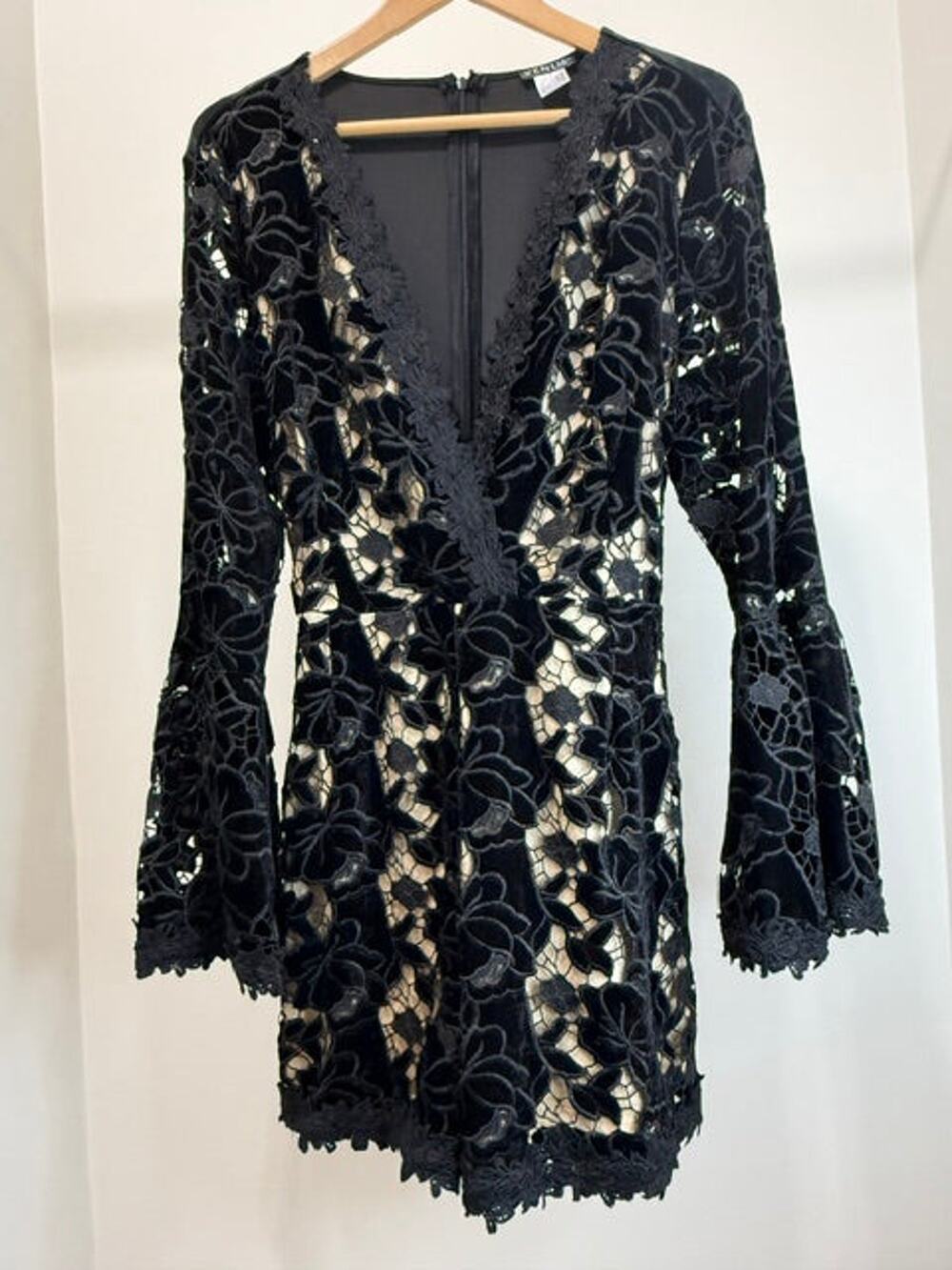 Venus Black Velour & Lace Bell Sleeve Romper SzXL